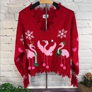 Major Major Red Pink Flamingo Holiday Ugly Festive Sweater Snowflake Pullover
